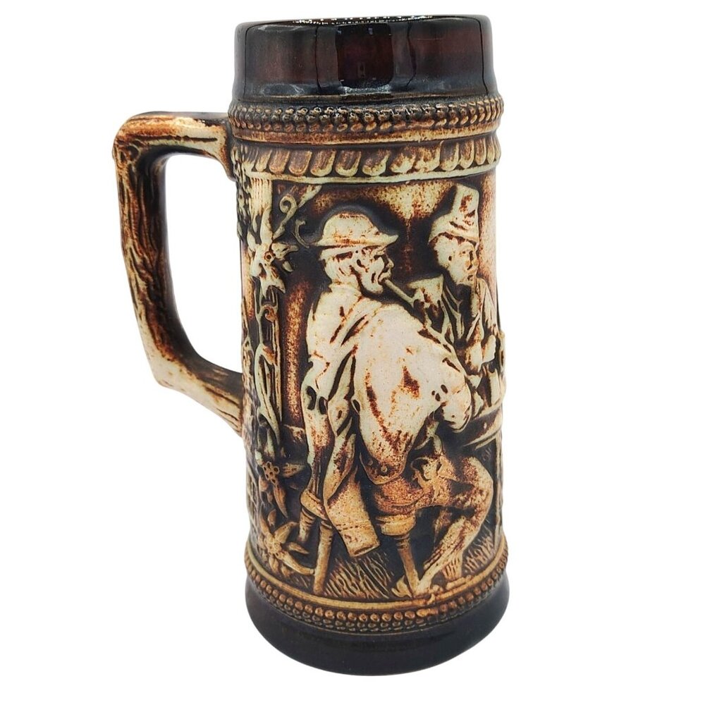 German Beer Stein Vintage Gerzit Embossed Tavern Scene Widertrunk Sei Klar